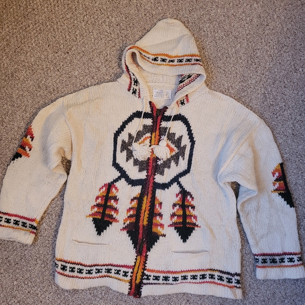 Handknit Aztec Hooded  Cardigan. Zipper Front Closure